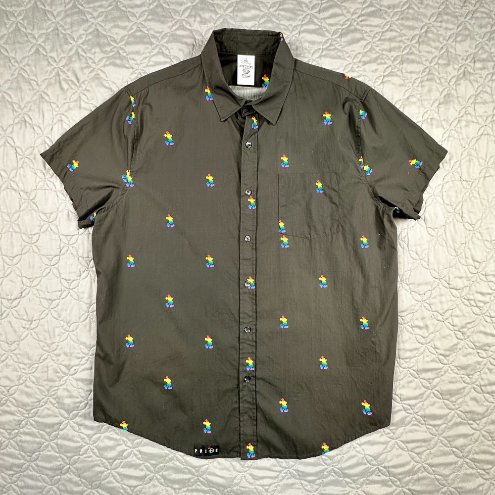 Disney Black Short Sleeve Button-Down Shirt with Multicolor Micro Embroidery